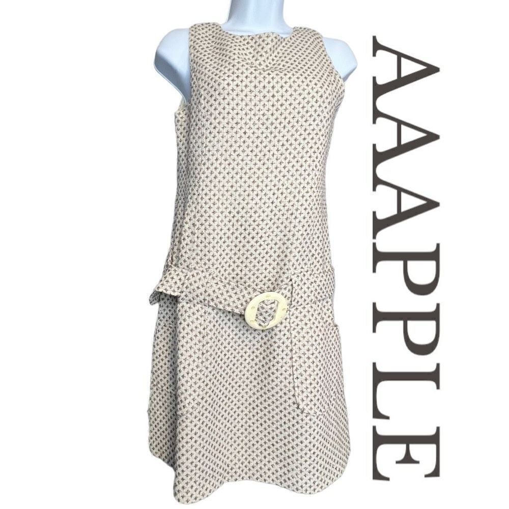 AAApple Women's Sleeveless Crew Neck Belted A-line Midi Dress Wool Cream Small
